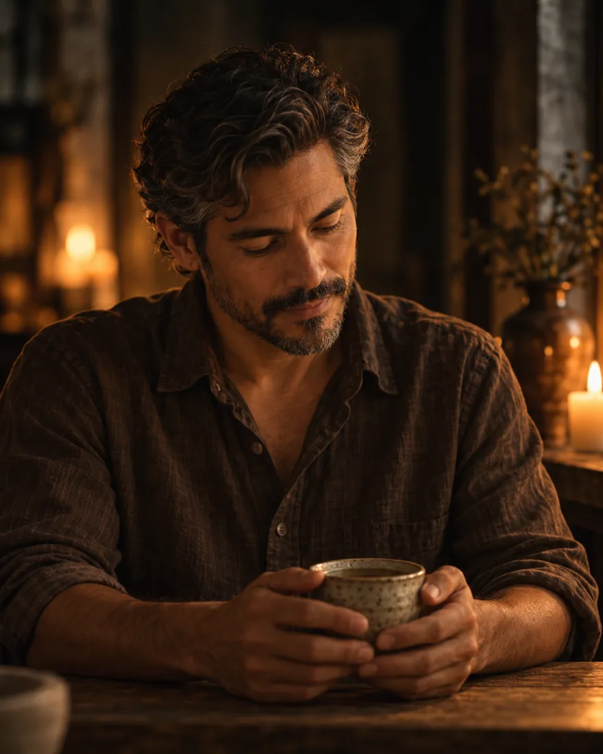 Daniel Reyes, front of house, in a brown linen shirt, holding a small cup of tea and looking down at it