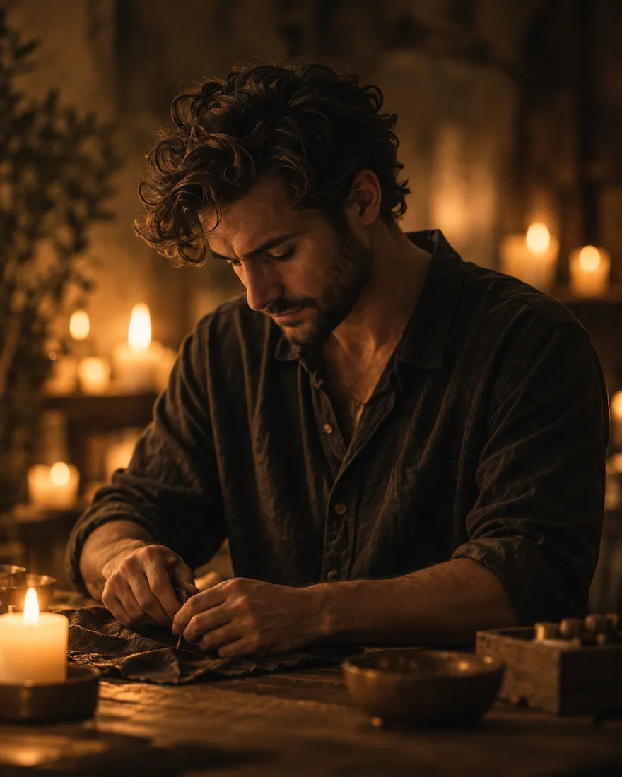 Ezra Cole, lead massage therapist, in a dark linen shirt, looking down at the table by candlelight