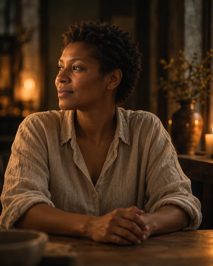 Ines Okafor, massage therapist, in an oatmeal linen shirt with hands clasped, looking away