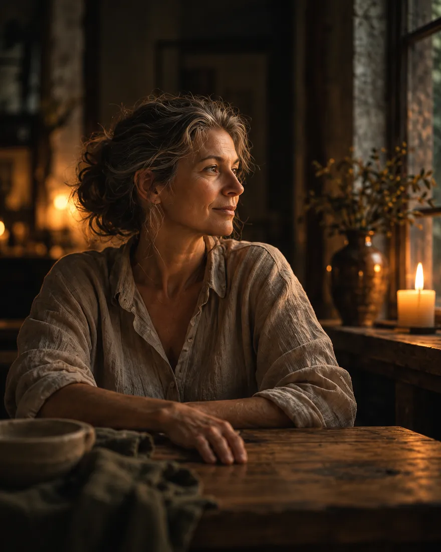 Marguerite Fen, founder, in a linen shirt at a candlelit table, looking towards the window