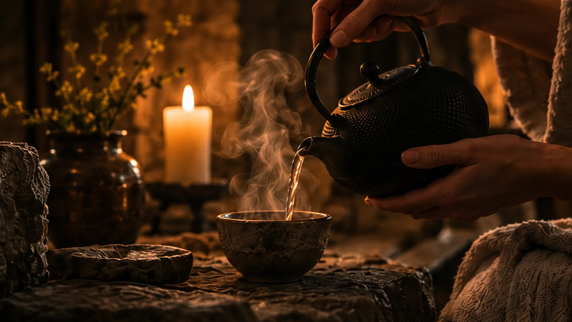 Tea poured from a cast-iron pot into a stoneware cup on a stone ledge, a candle and a linen robe beside
