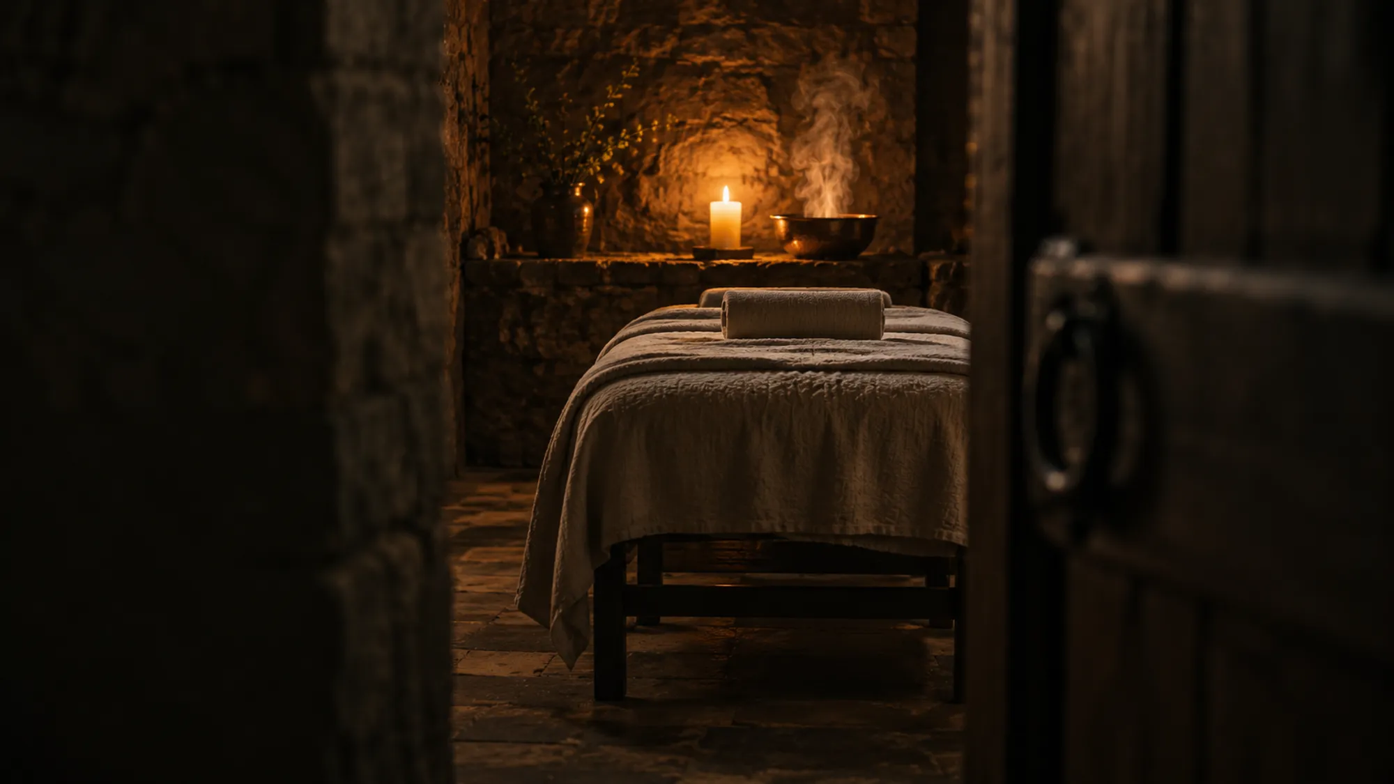 Through a half-open timber door: a linen-draped massage table, one candle and a steaming copper bowl