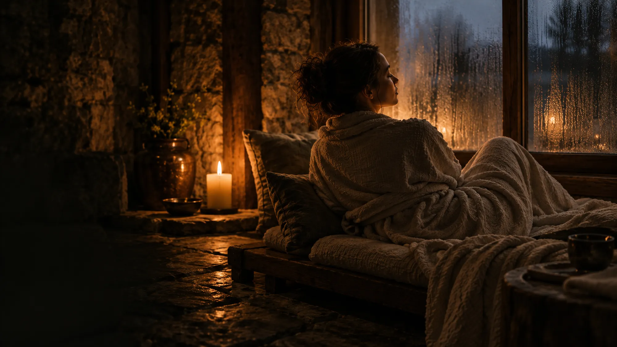 A guest wrapped in a linen robe resting on a low daybed by a steamed window at dusk, a candle on the floor
