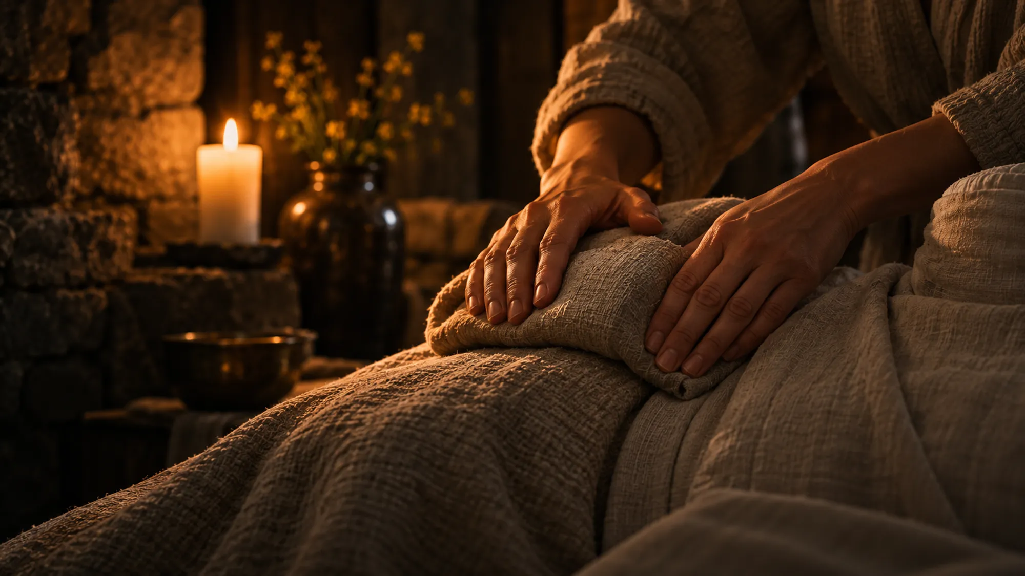 A therapist's hands resting a warm linen compress on a guest's covered shoulder by candlelight