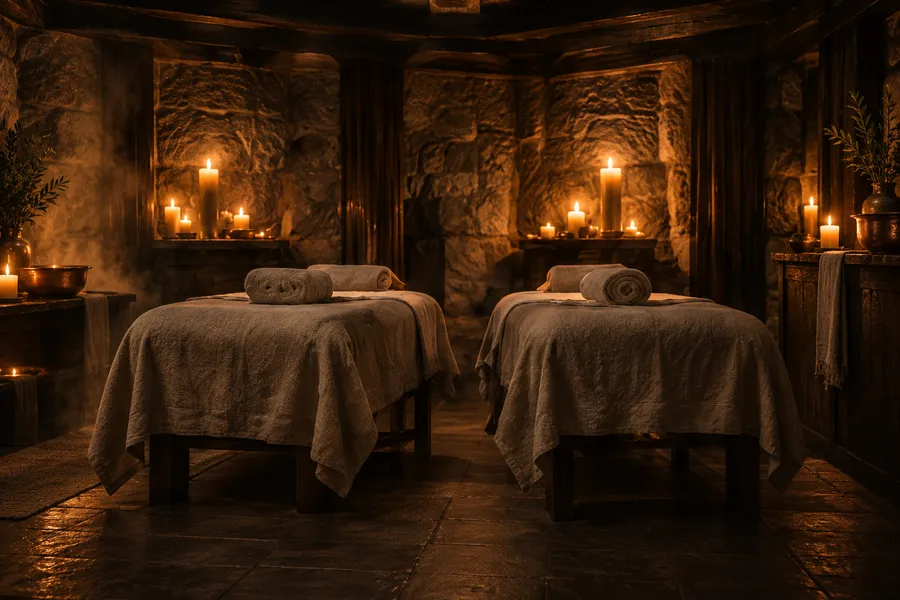 Two linen-draped treatment tables side by side in a stone room lit by candles