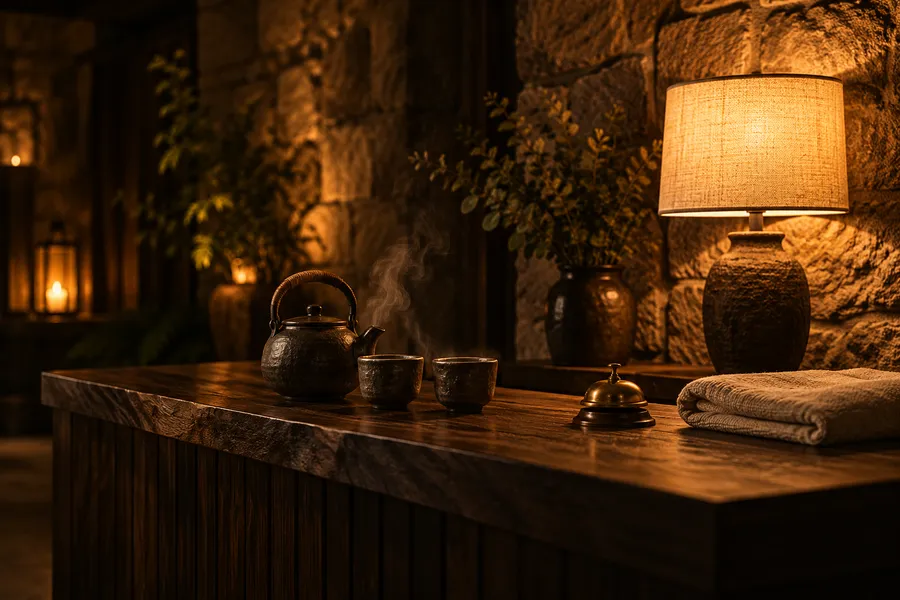 The front desk in dark timber with a teapot, two cups, a brass bell and a folded towel under a lamp