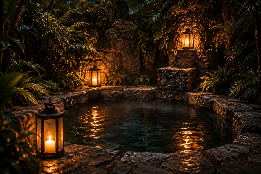 A round stone plunge pool in a fern-filled courtyard at dusk, lanterns reflected in the water