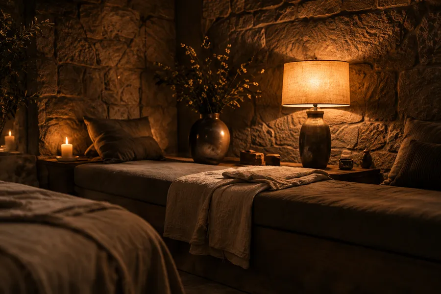The quiet room: a low daybed with linen throws under a warm lamp against a stone wall