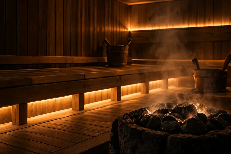 A dim timber sauna, light glowing under the benches and steam over a basket of sauna stones