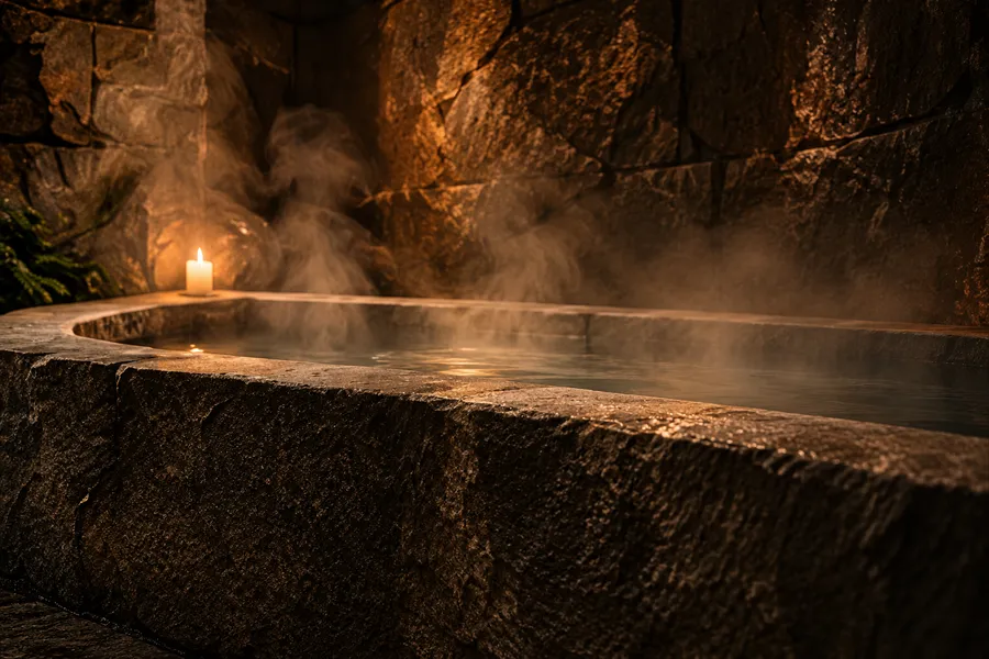 A carved stone bath of steaming water against a rough stone wall, one candle on its rim