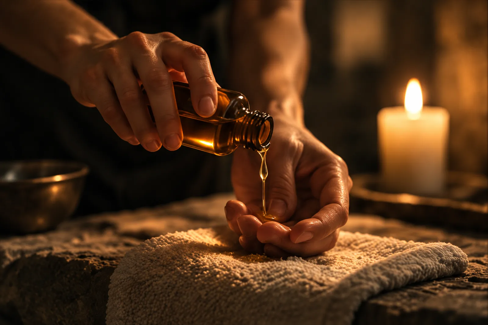 A therapist tipping warm oil from a small amber bottle into a cupped palm, a candle glowing beside