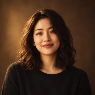 Portrait of Sarah Chen smiling, with shoulder-length dark wavy hair, in warm light