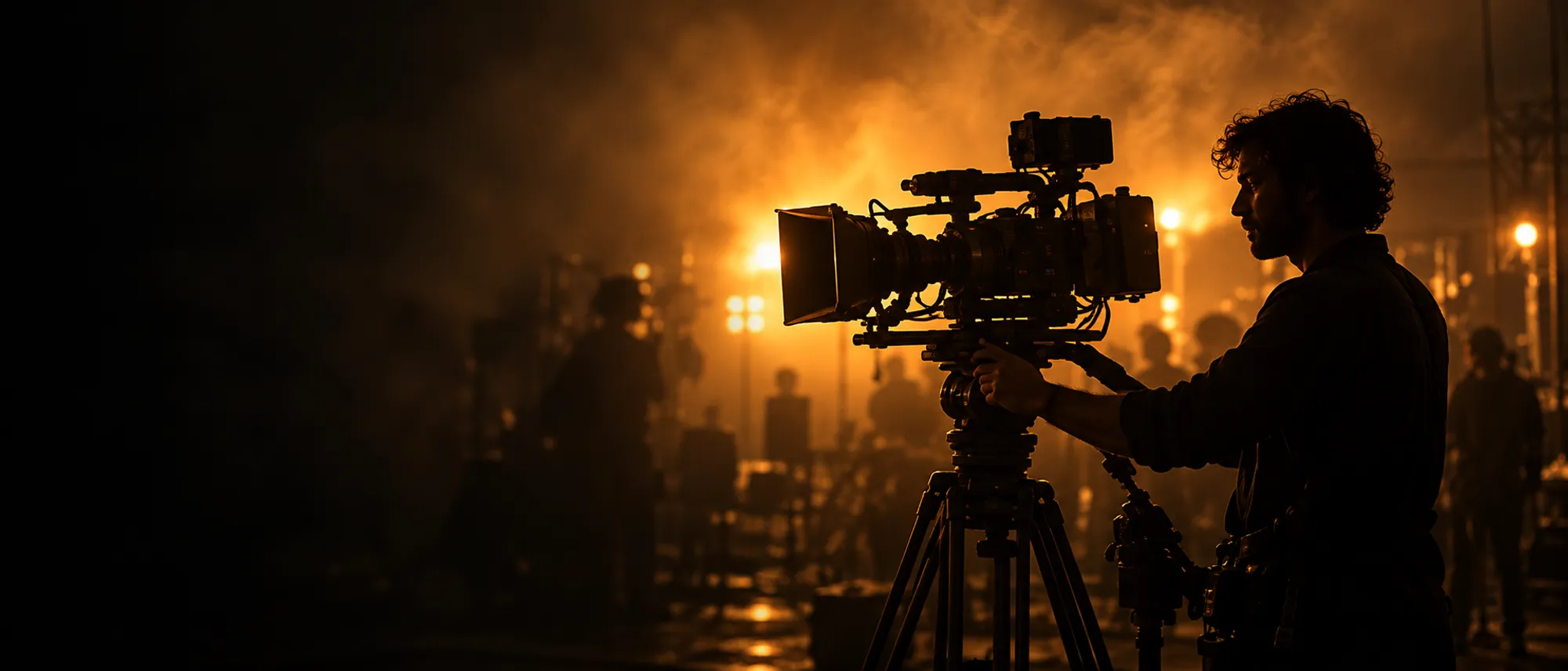 A curly-haired camera operator in silhouette behind a large cinema camera on a hazy film set lit in amber