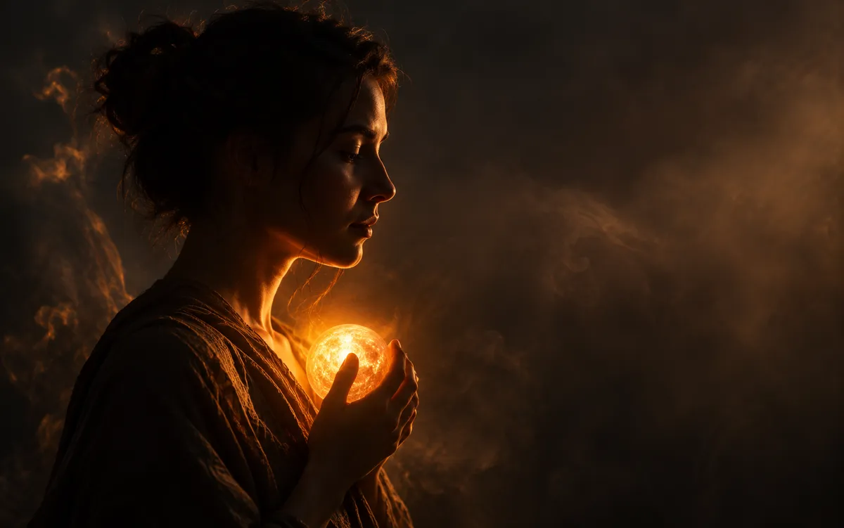 A woman in profile with her hair tied up, holding a small glowing orb of amber light in the dark