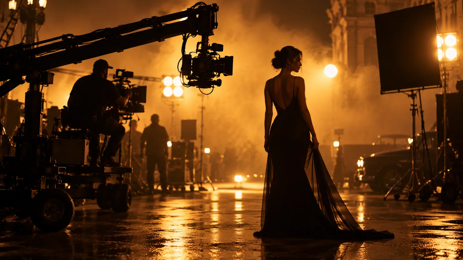A film set at night: a camera crane and crew in amber haze, a woman in a long black gown standing on the wet street