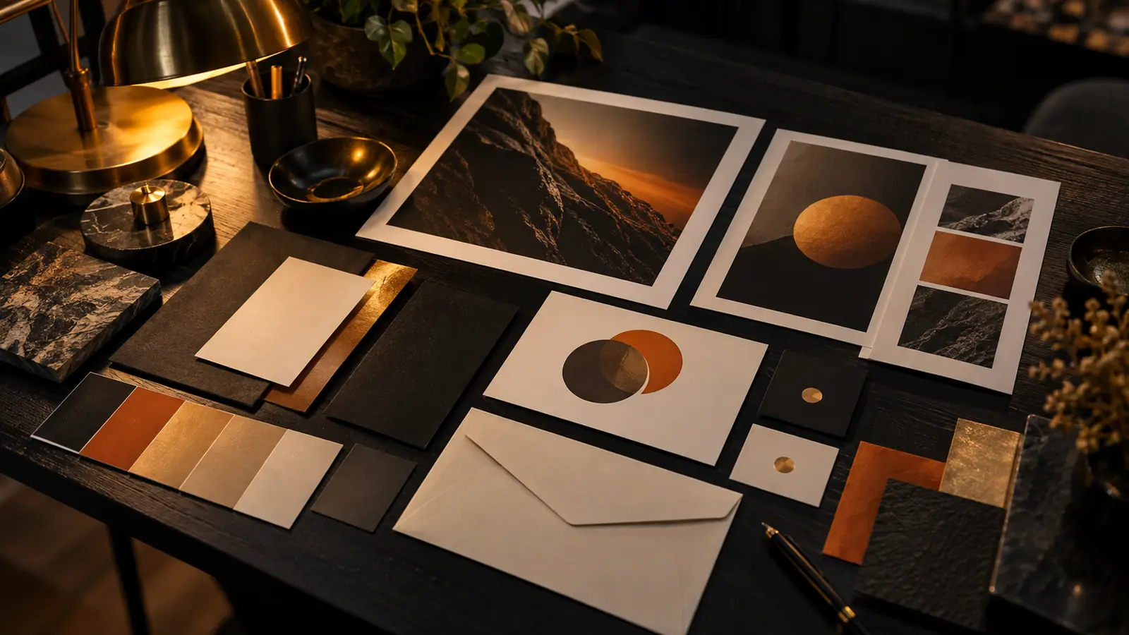 A brand identity laid out on a dark desk: prints, colour swatches in black, copper and gold, cards and an envelope under a brass lamp