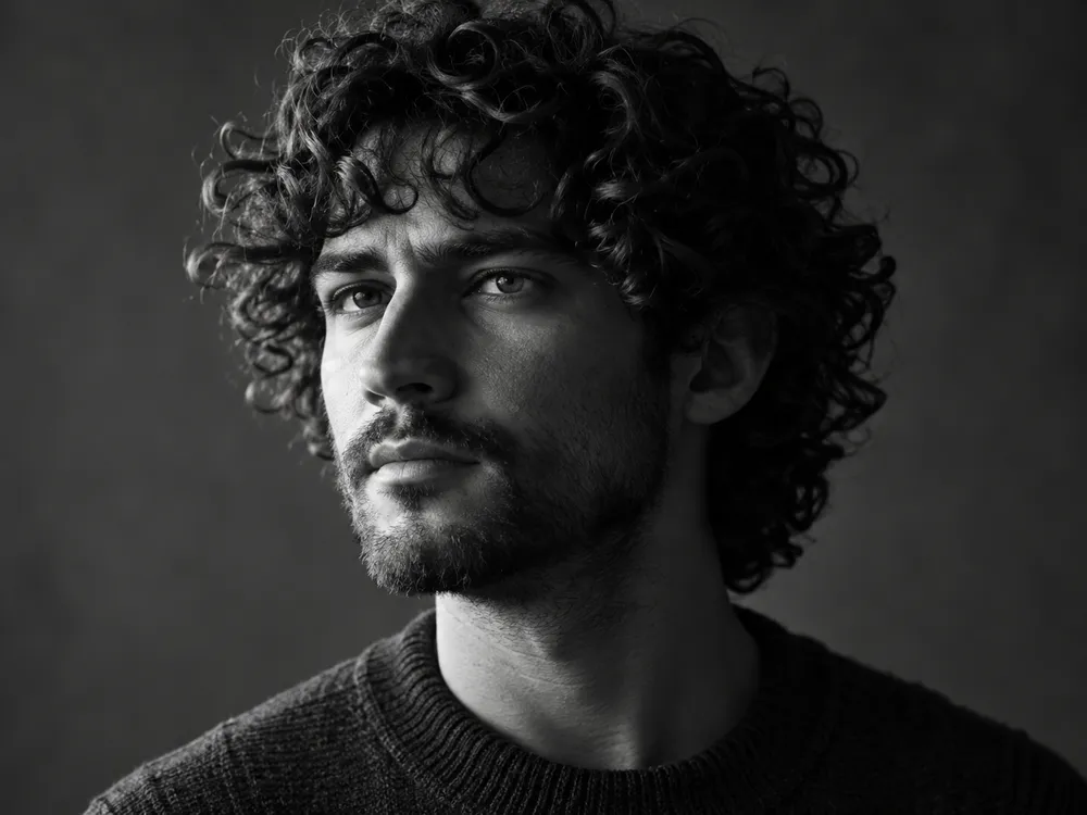 Black and white portrait of Kai Moreno, a man with voluminous curly hair and stubble, looking to the side