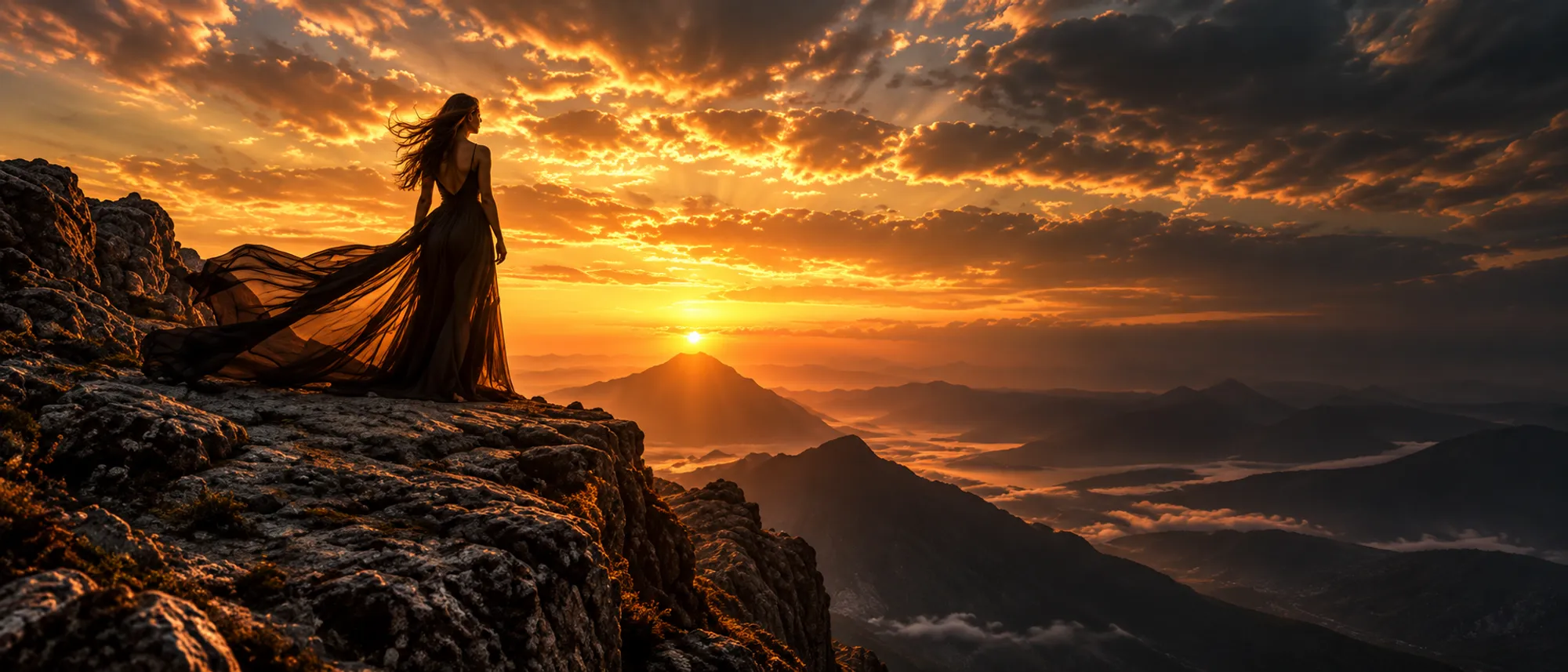 A woman in a long flowing dark gown standing on a rocky cliff edge, facing a golden sunset over misty mountains