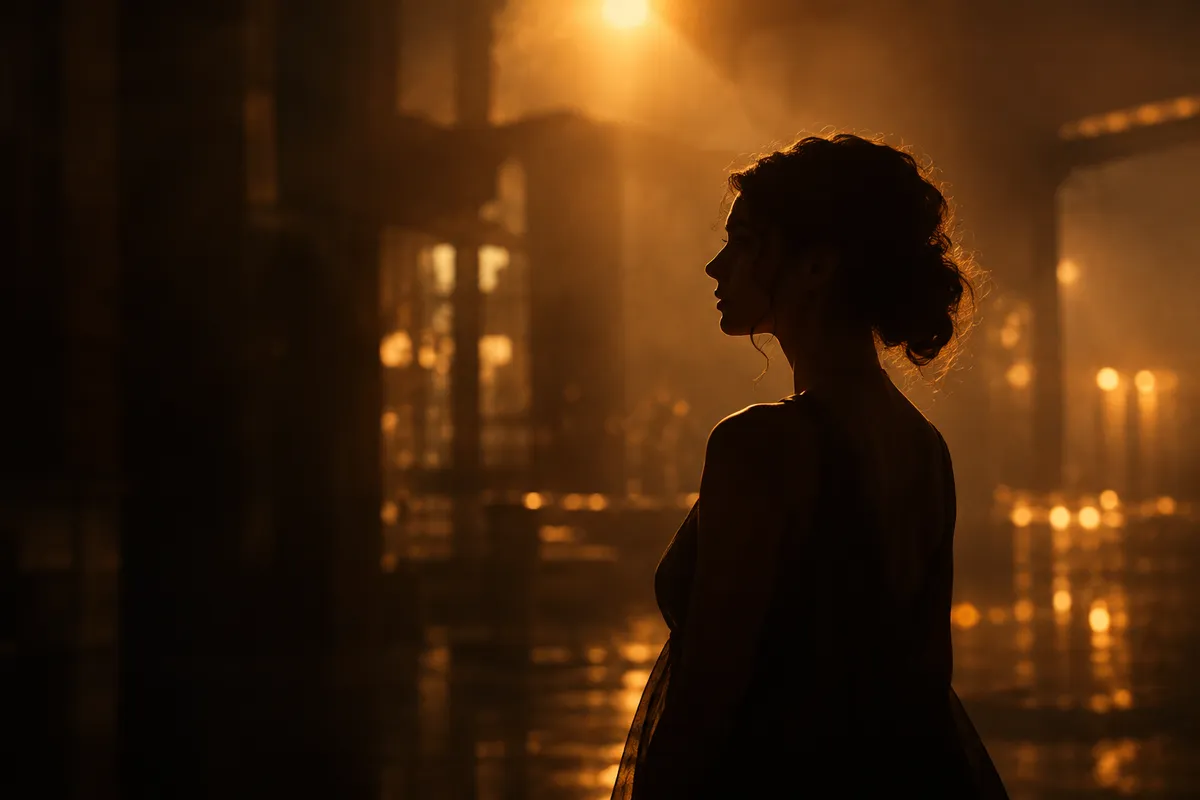 A woman in silhouette standing in profile in a dim amber-lit hall with a lamp glowing above