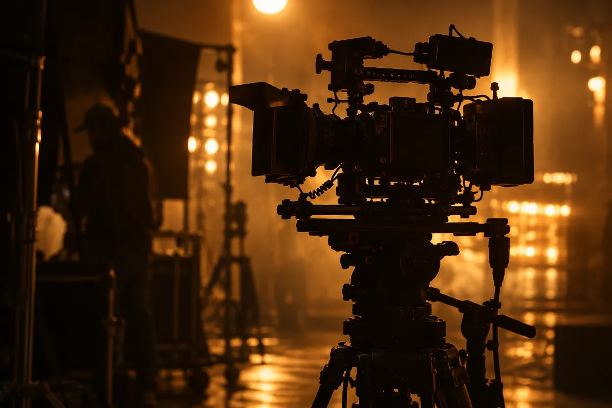 A cinema camera on a rig silhouetted on a hazy film set lit by warm amber lamps