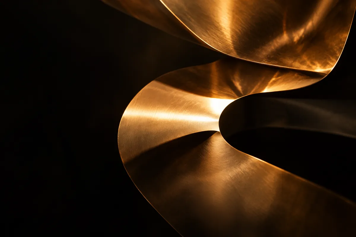 Folded ribbons of polished gold metal catching warm light against a black background