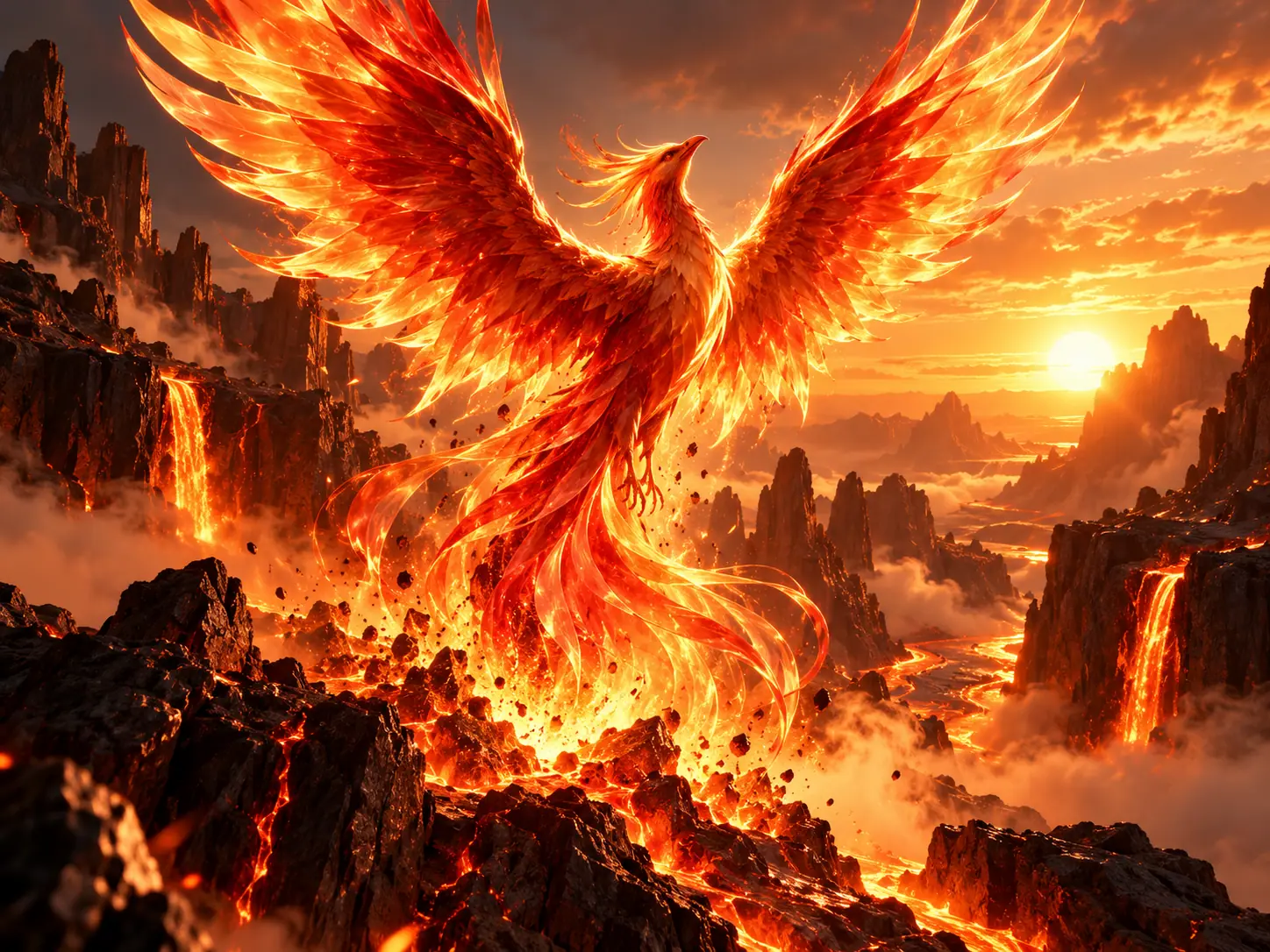 A phoenix of fire rising with spread wings over a canyon of black rock and rivers of lava at sunset
