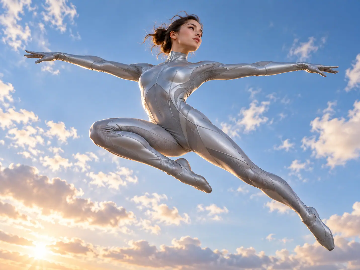 A dancer in a silver bodysuit leaping with outstretched arms against a blue sky with soft clouds