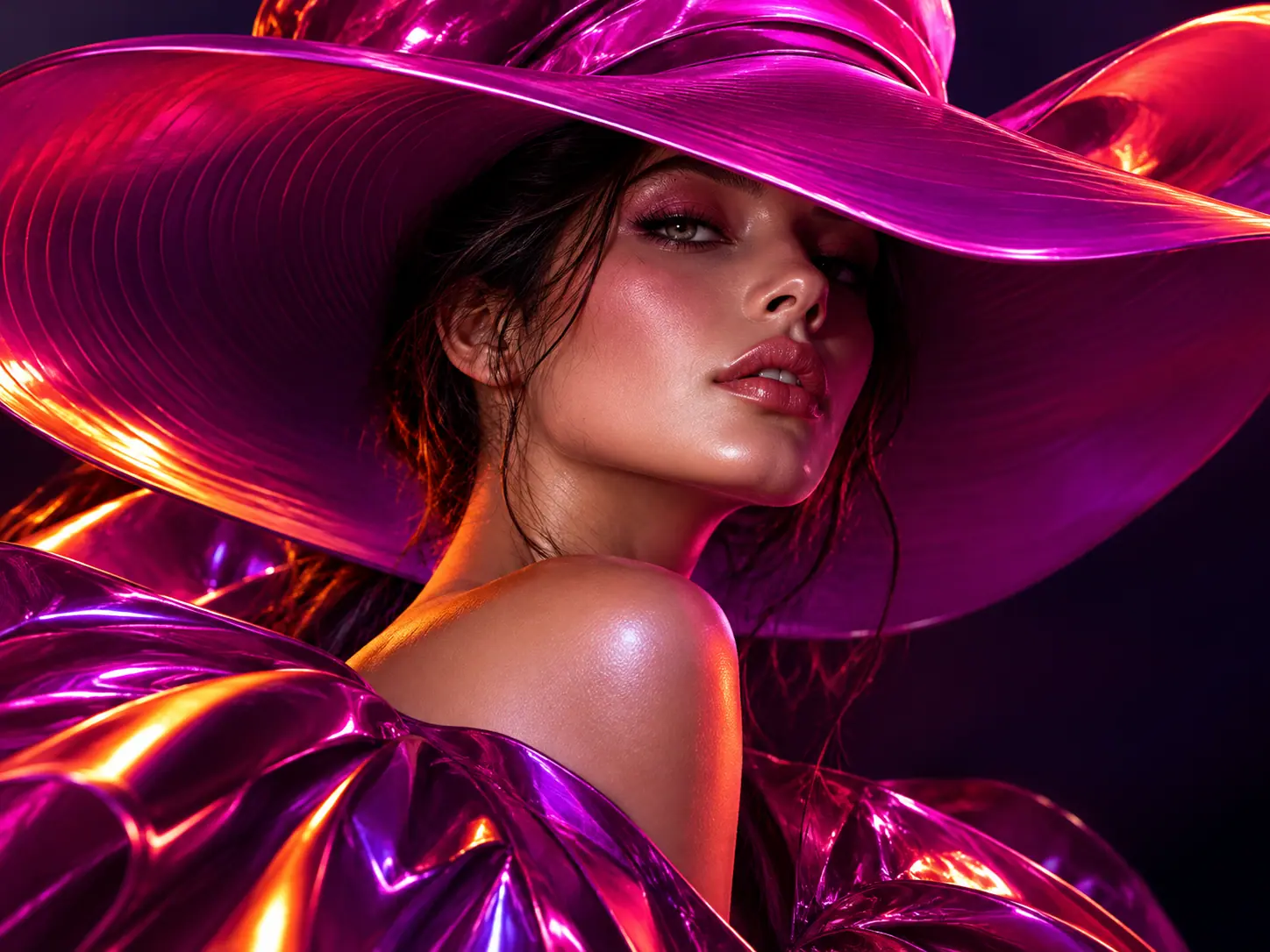 A woman in a wide magenta metallic hat and a glossy draped gown, lit in pink and violet