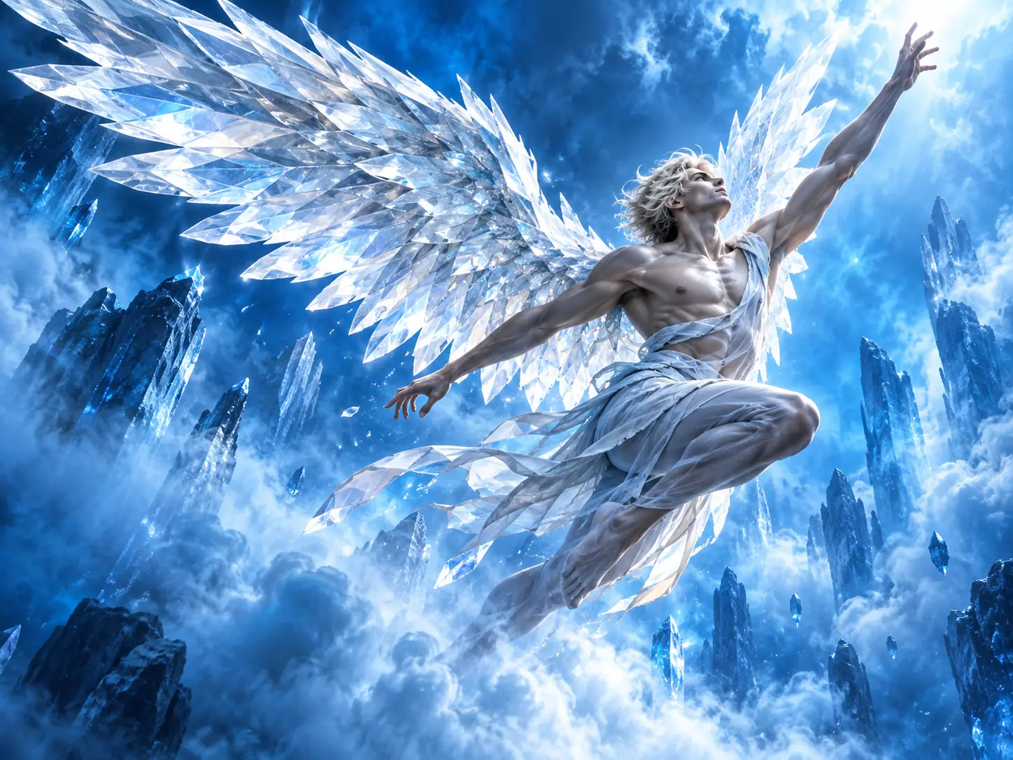 A winged figure with wings of glass shards leaping through a blue sky between crystal spires and clouds