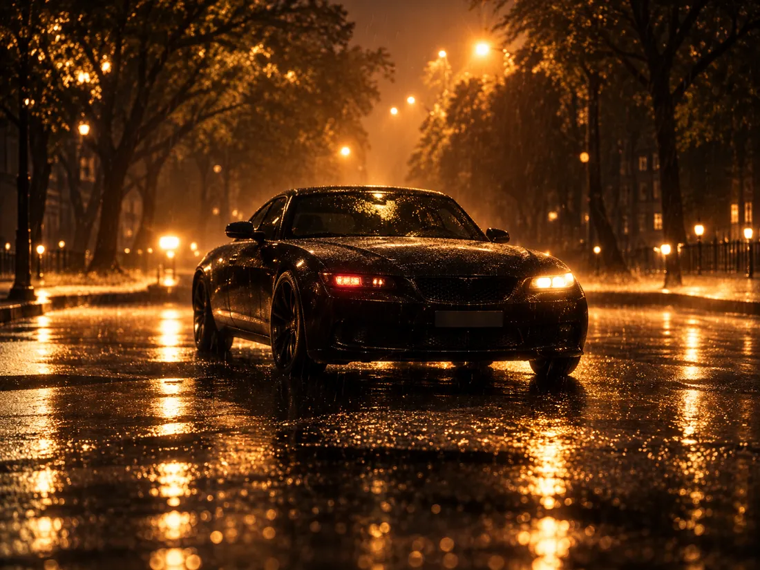 A dark saloon car driving down a rain-soaked city street at night under warm amber street lamps