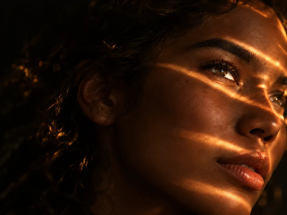 Close-up of a young woman's face with streaks of golden light falling across it in the dark