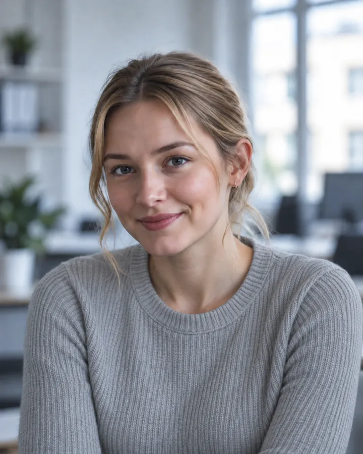 Portrait of Ellie Marsh with fair hair tied back in a pale grey jumper, smiling