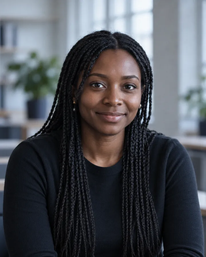 Portrait of Grace Mensah with long braids in a dark top, smiling, in a bright office