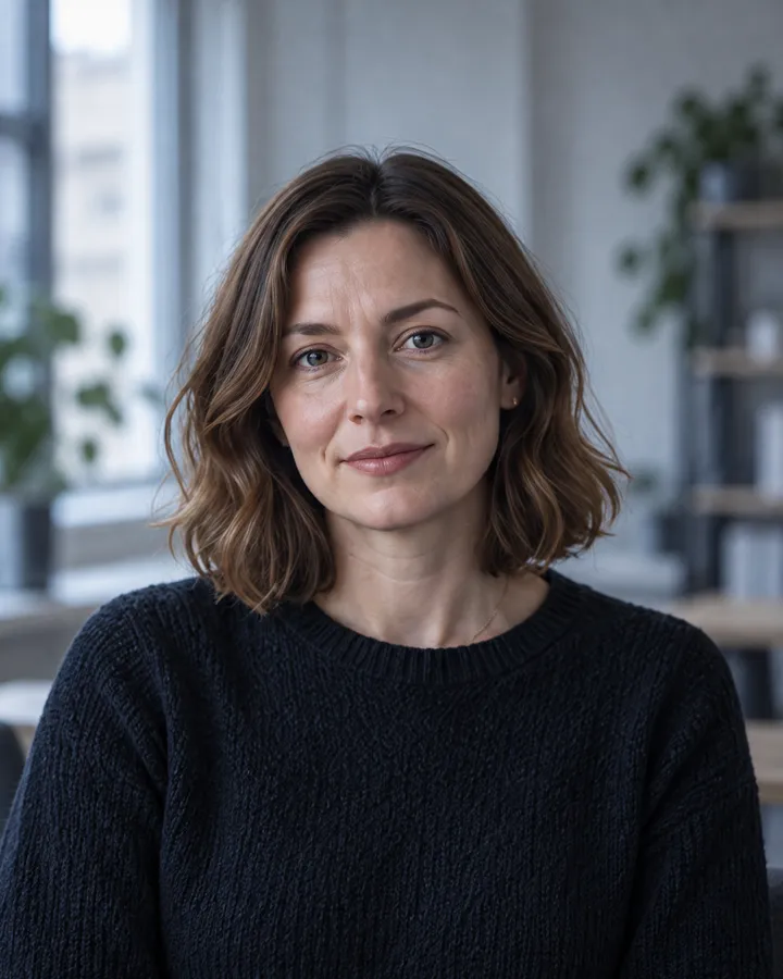 Portrait of Megan Lane, shoulder-length wavy brown hair, in a dark jumper in a bright office
