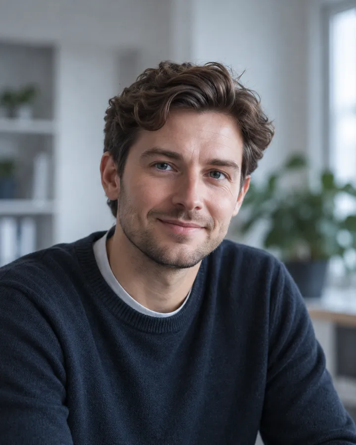 Portrait of Owen Fairley with tousled brown hair and light stubble in a dark jumper, smiling