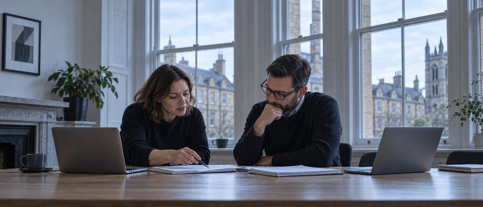 A woman and a man in dark jumpers going through papers at a desk with two laptops, tall sash windows onto stone buildings behind them