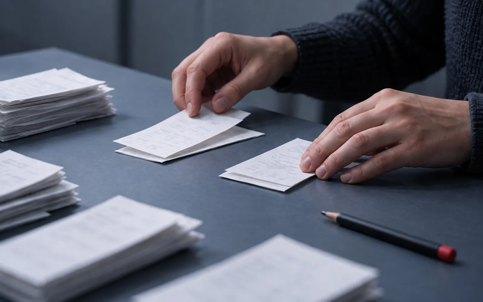 Hands in a dark jumper laying small paper receipts in neat piles on a blue-grey desk, a pencil beside them