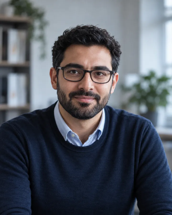 Portrait of Samir Haddad, short beard and dark-rimmed glasses, in a navy jumper over a collared shirt, smiling