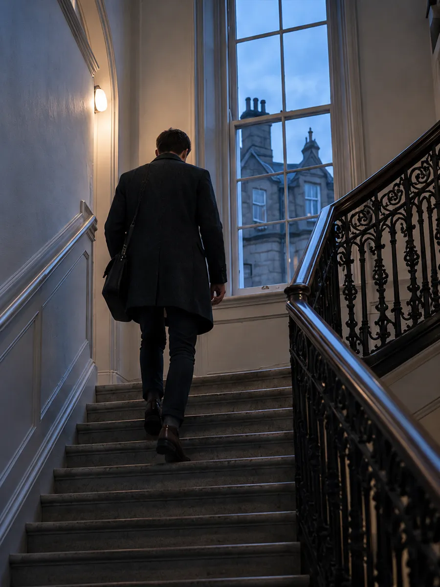 A man in a dark coat climbing a stone staircase with an iron balustrade towards a tall window at blue hour