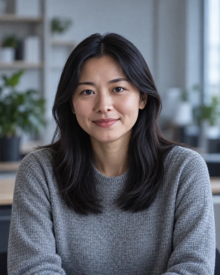 Portrait of Yuna Park with straight black hair in a grey knit top, smiling gently