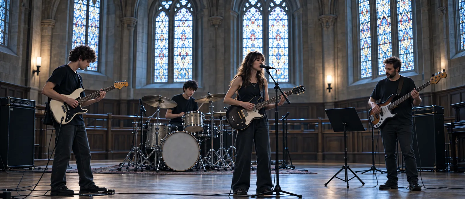 A teenage band rehearsing in the chapel hall with their teacher on bass