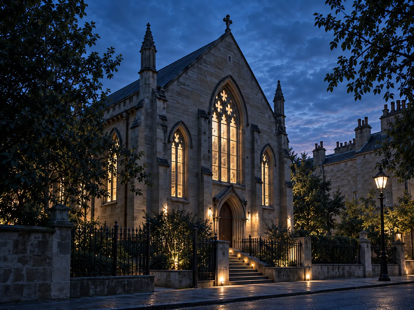 The converted stone chapel at dusk: glowing arched windows, a small spire, stone steps and an old street lamp