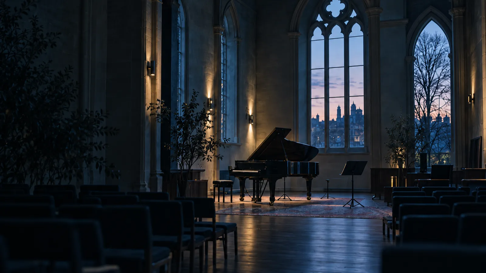 The old chapel's recital hall at blue hour: tall arched windows, rows of empty dark chairs and a black grand piano at rest under the wall lamps