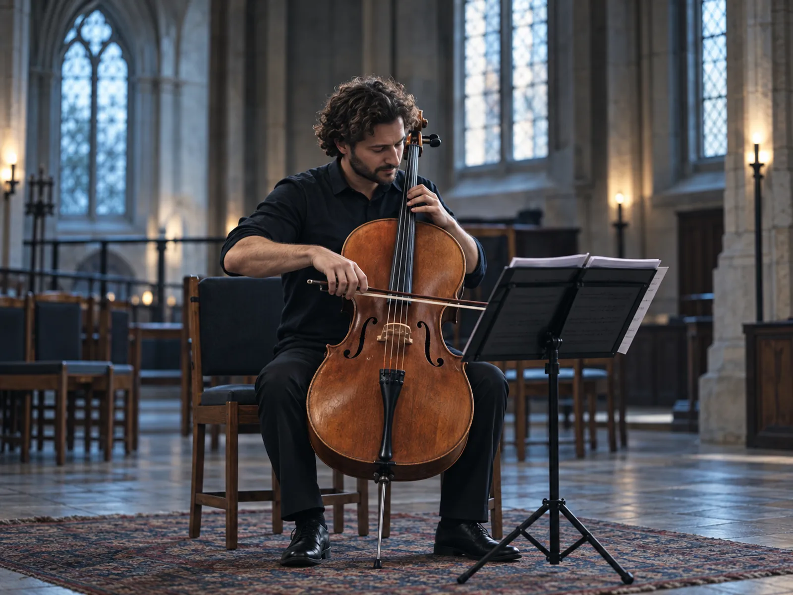 A cellist playing beside a music stand in the chapel hall under arched windows