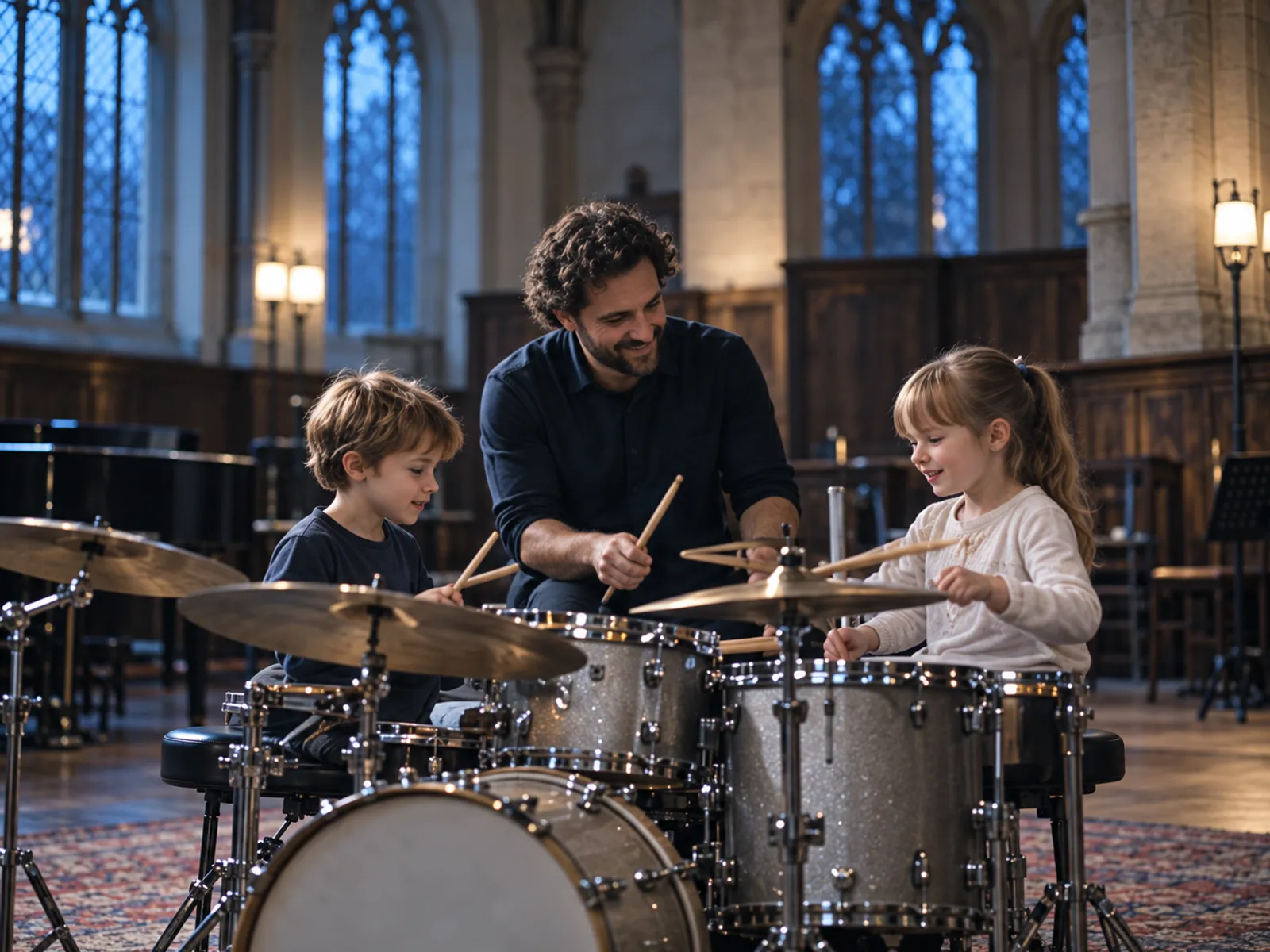 A drum teacher playing beside a smiling boy and girl at a drum kit in the chapel hall