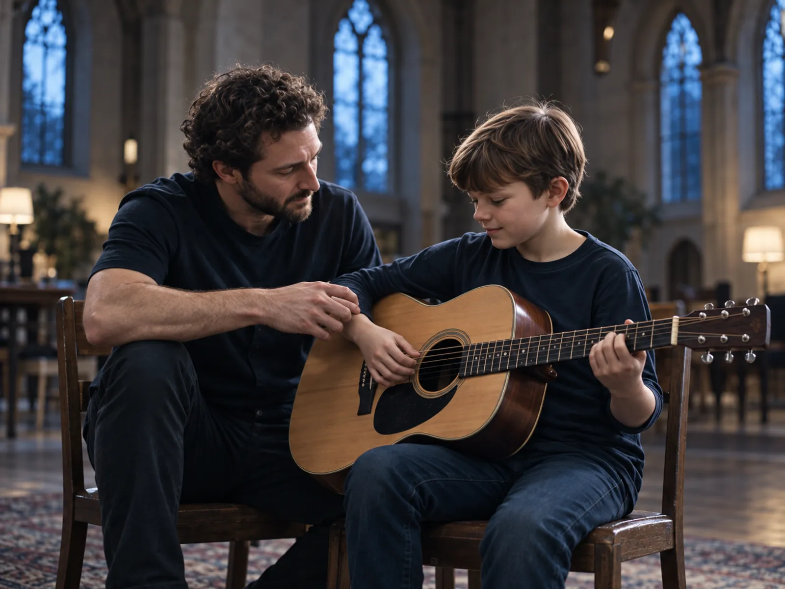 A guitar teacher showing a boy a chord on an acoustic guitar in the chapel hall