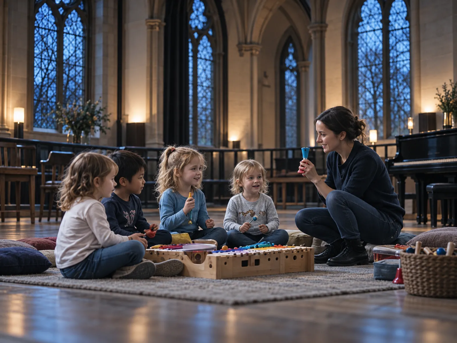 Four young children with handbells and a xylophone on the floor with their teacher on a Saturday morning