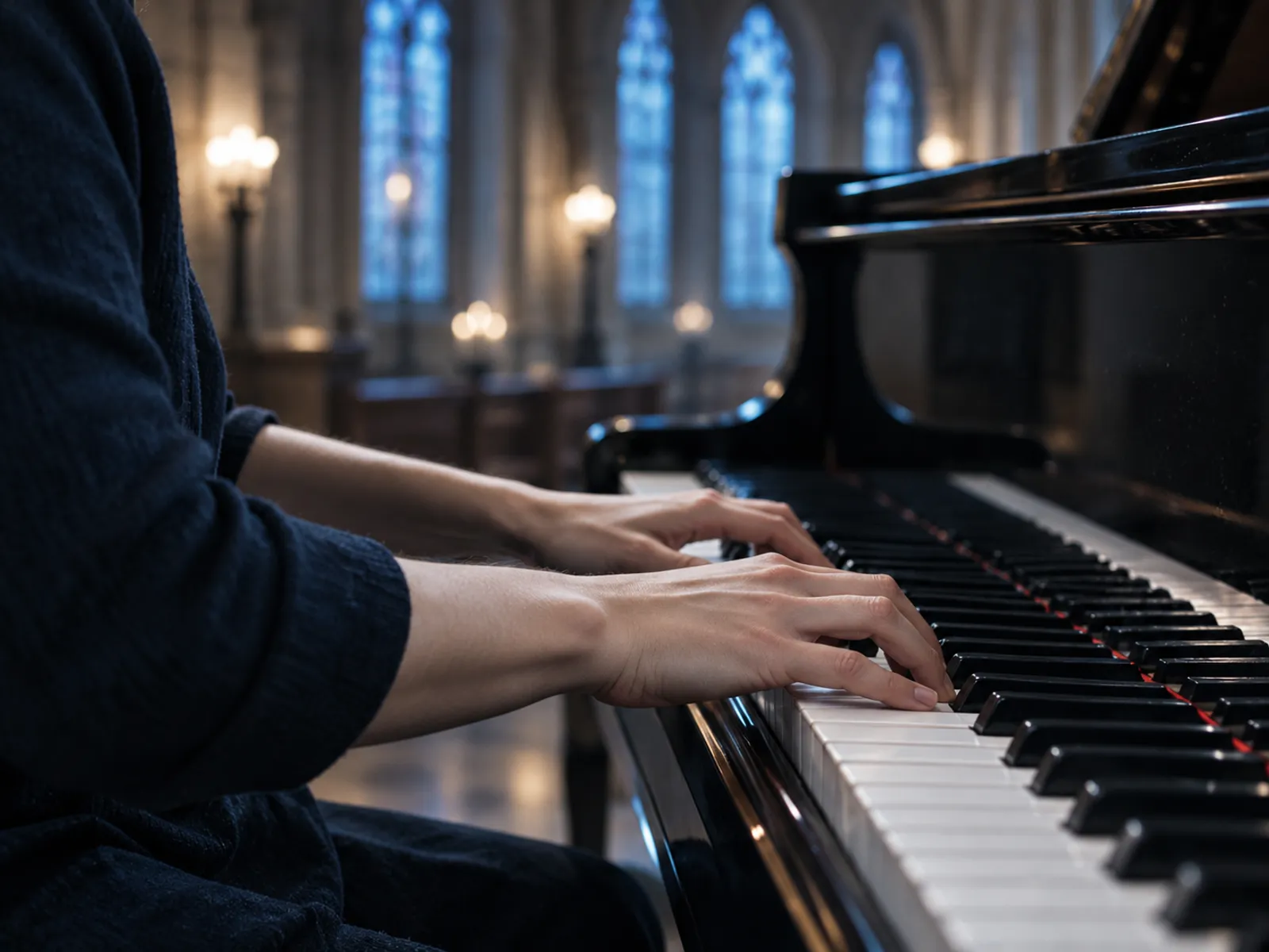 An adult's hands on the keys of a black grand piano in soft window light