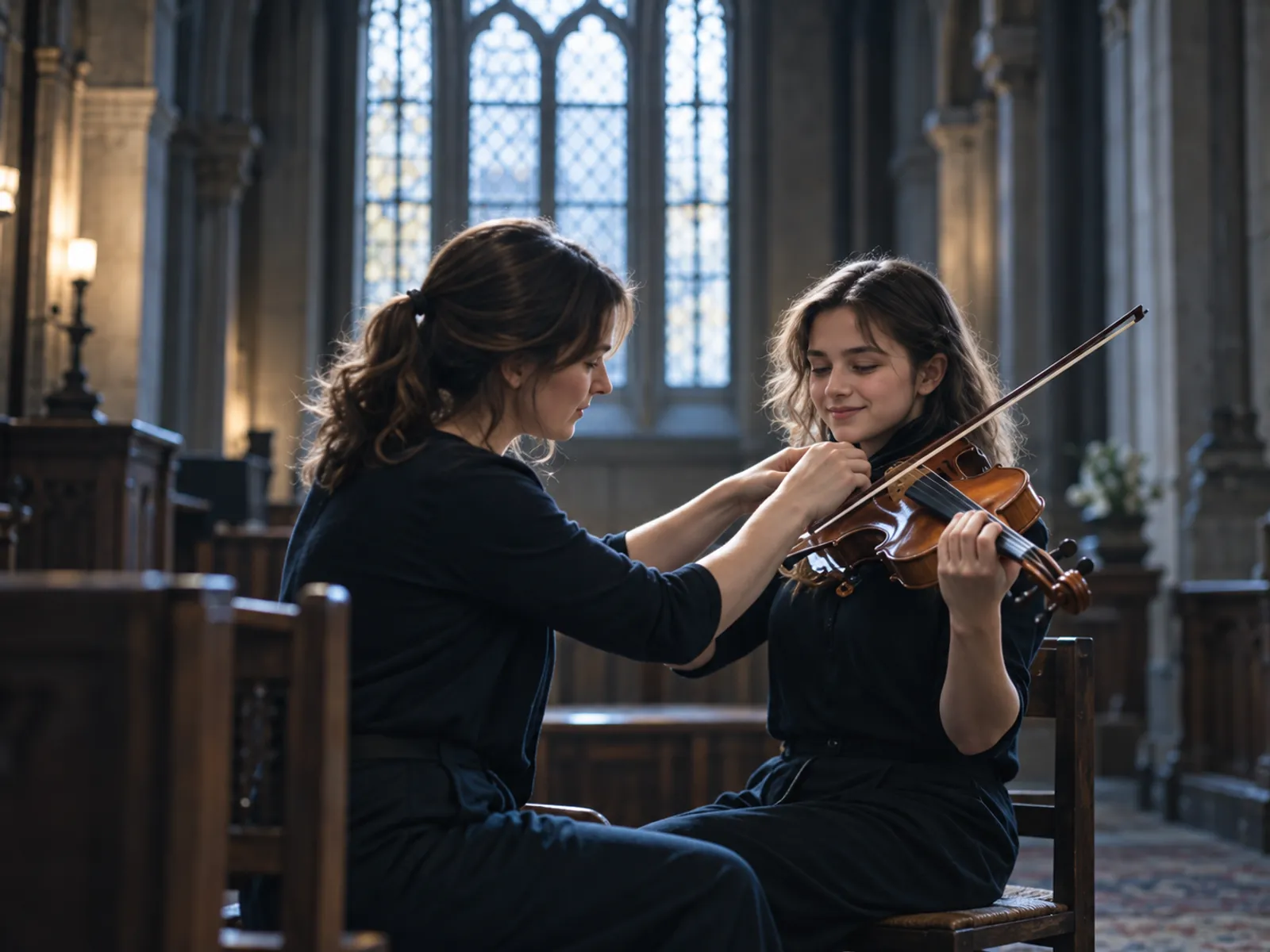 A violin teacher adjusting a teenage student's bow hold by a tall window