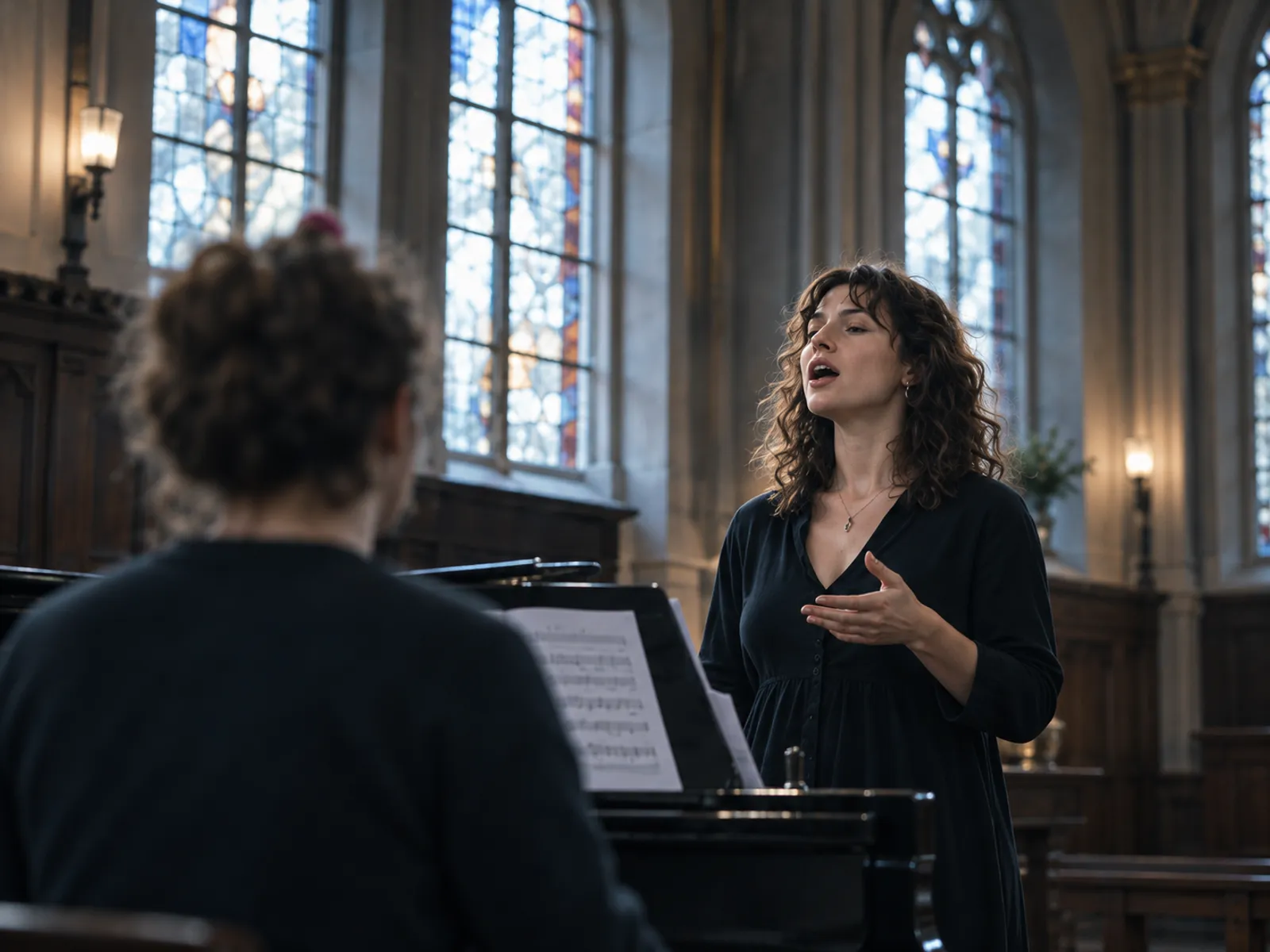 A singer in a voice lesson, one hand raised as she sings, seen past her teacher's shoulder